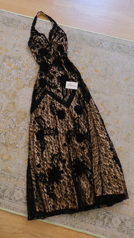 Vintage creme & black lace halterdress (M)