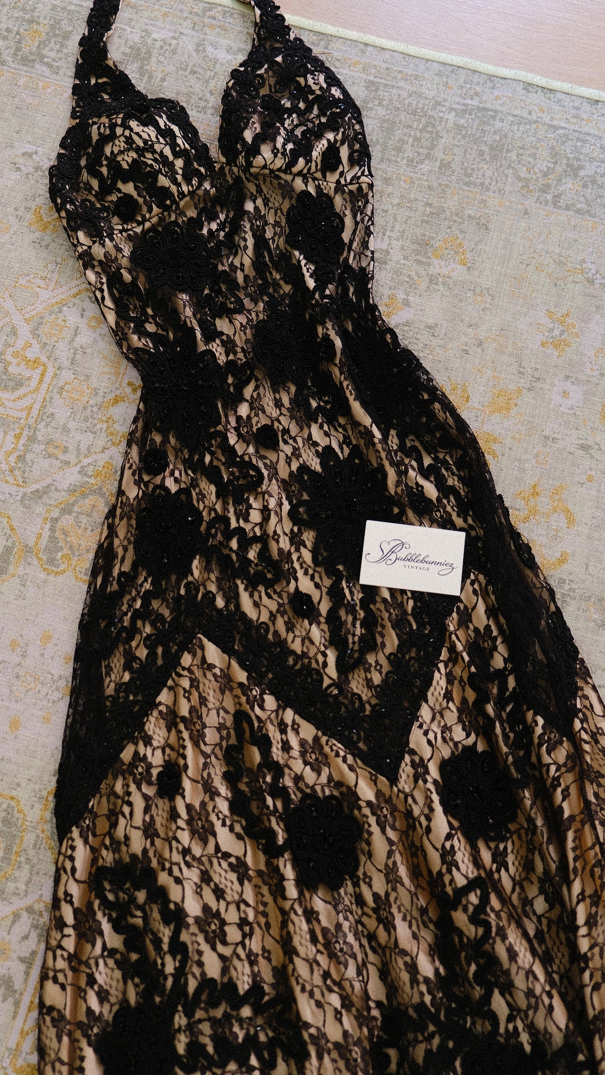 Vintage creme & black lace halterdress (M)