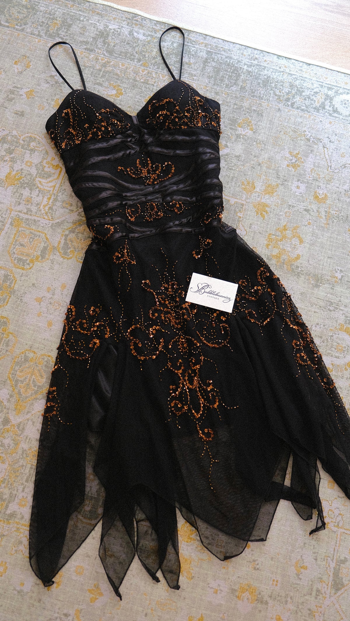 Vintage black & bronze flutter dress (M)