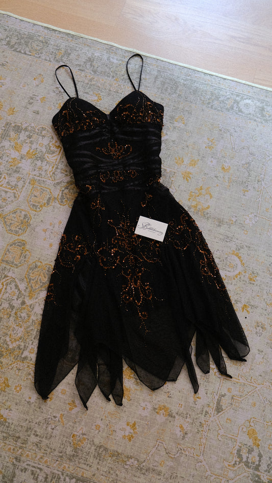 Vintage black & bronze flutter dress (M)