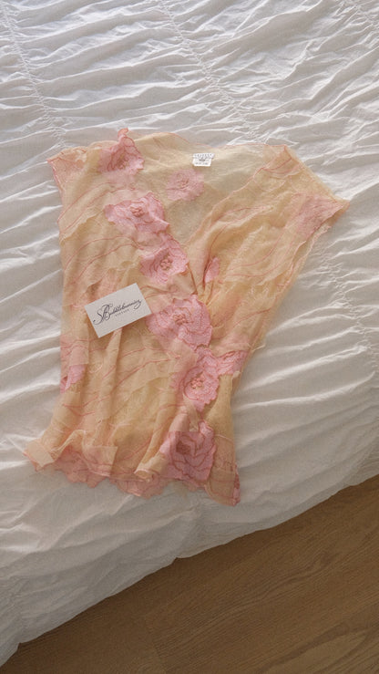 Soft pink Suggest by Pain de Sucre floral mesh short sleeve (M)