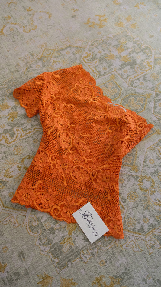 Chantal Thomass deep orange lace one sleeve top (XS/S-M)