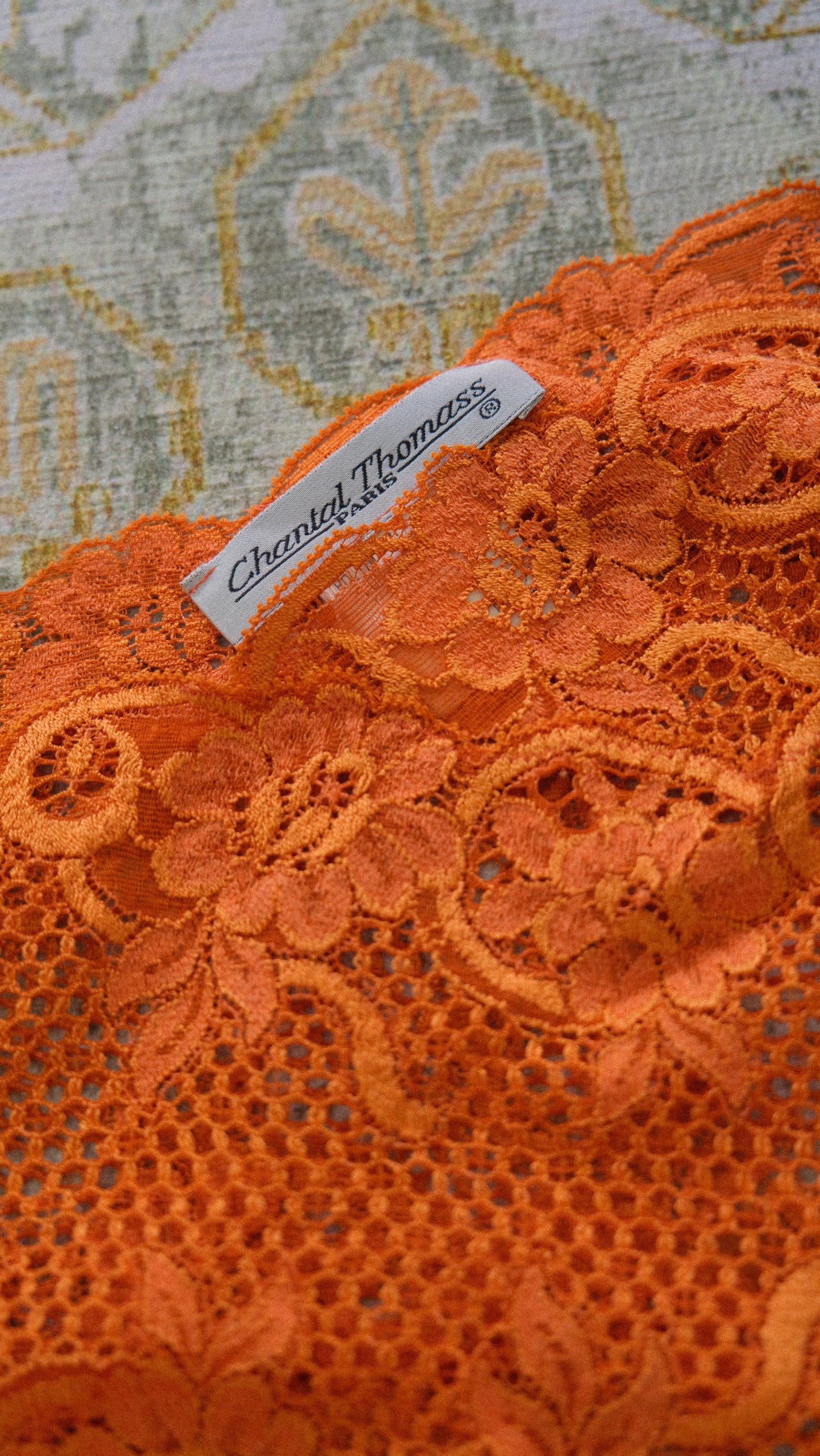 Chantal Thomass deep orange lace one sleeve top (XS/S-M)