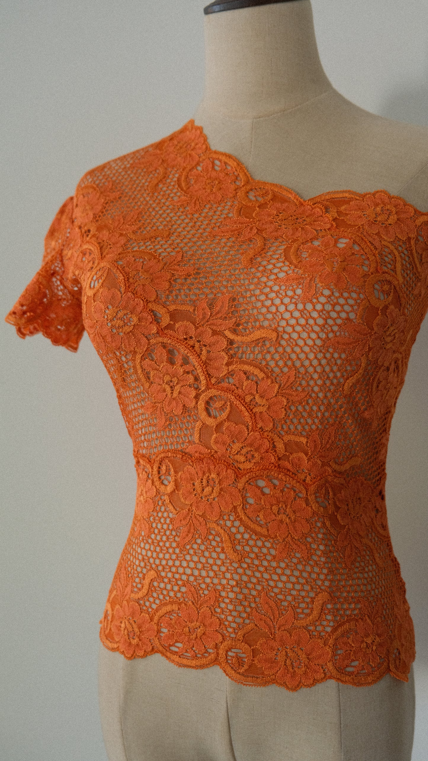 Chantal Thomass deep orange lace one sleeve top (XS/S-M)
