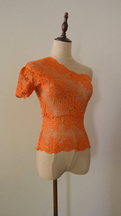 Chantal Thomass deep orange lace one sleeve top (XS/S-M)
