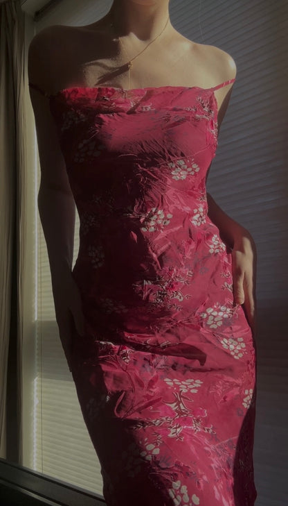 Vintage raspberry pink floral dress (S-M)