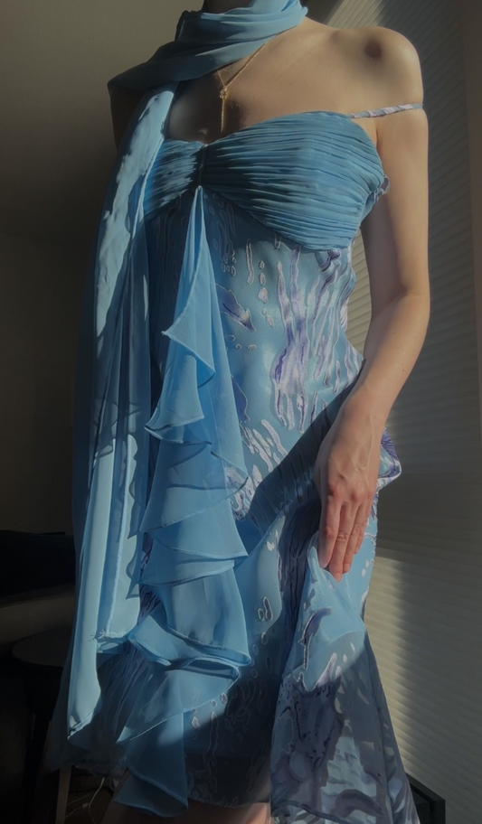 Vintage mermaidcore dress with wave pattern (S/M)