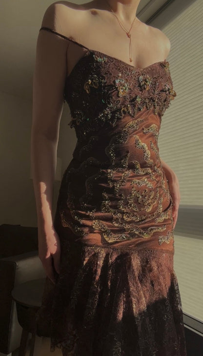 Vintage dark brown rose dress (M)
