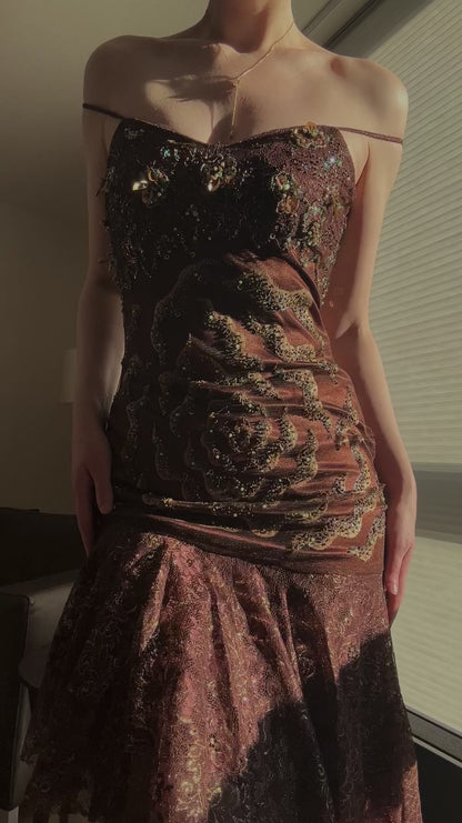 Vintage dark brown rose dress (M)